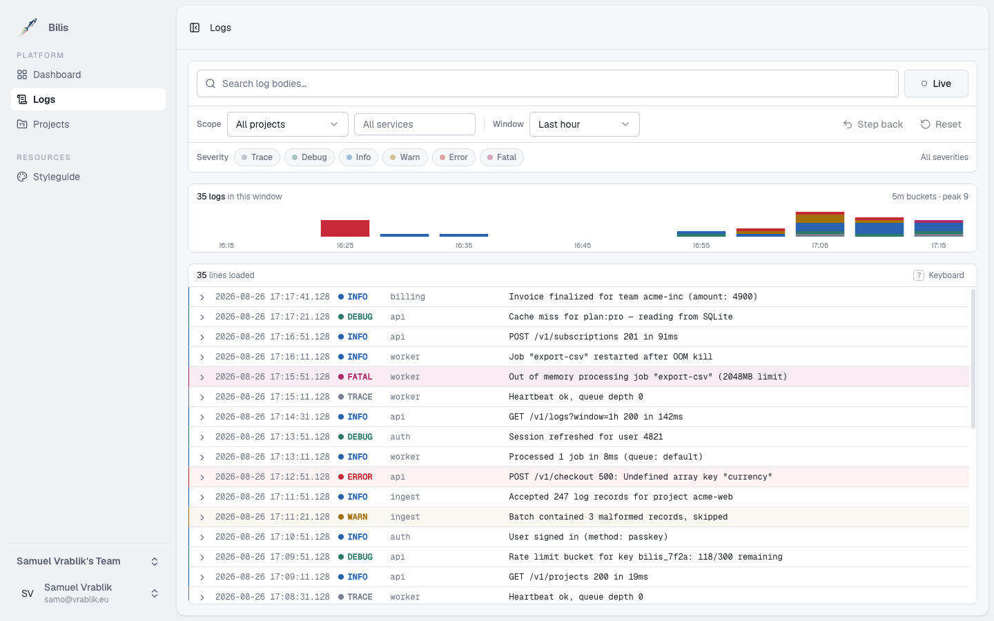 The Bilis log viewer: a live tail with time-range, project, service and severity filters above a scrolling stream of timestamped, severity-coloured log lines.